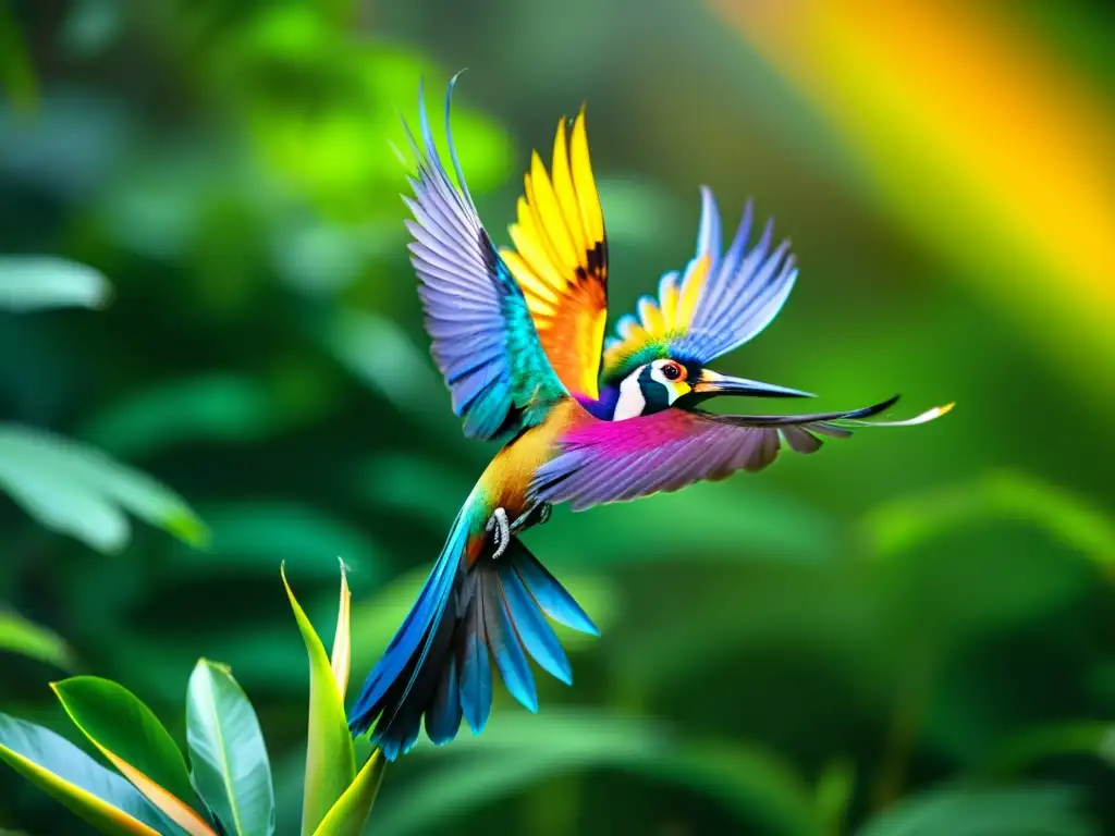 Imagen de aves del paraíso danzando y cantando en exuberante selva tropical, deslumbrando con su plumaje iridiscente