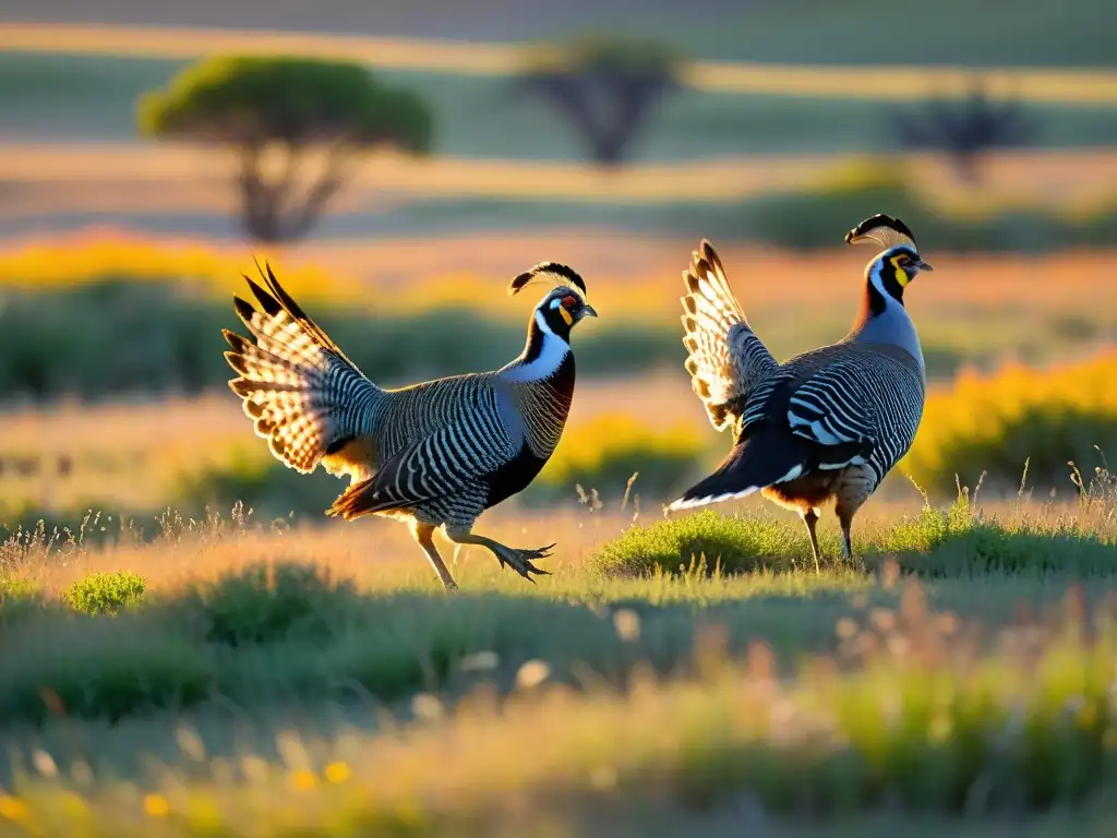 Imagen de aves de pradera especies emblemáticas danzando en un paisaje vibrante al amanecer