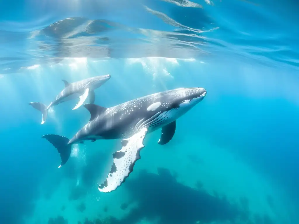 Imagen de pod de ballenas jorobadas en aguas turquesas, resaltando su rol ecosistémico y belleza majestuosa