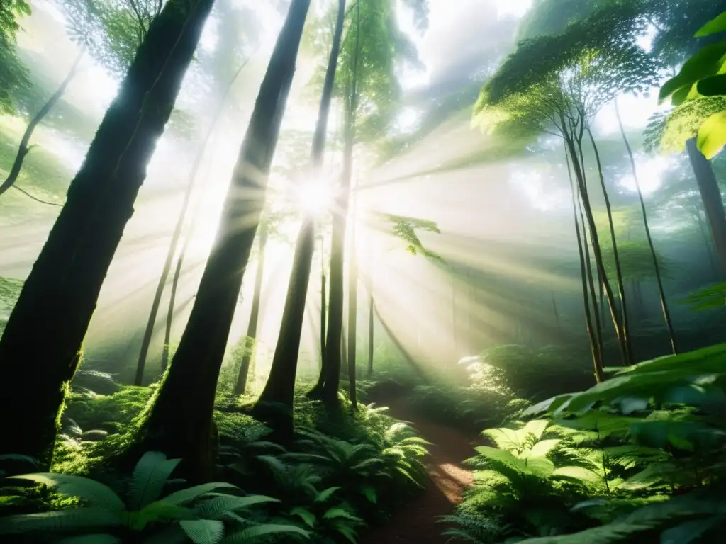 Imagen en blanco y negro de un denso y exuberante bosque con luz solar filtrándose a través del dosel