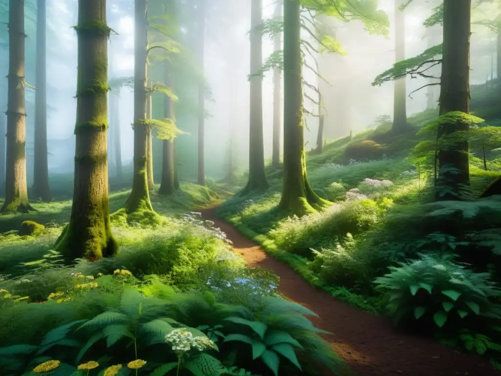 Imagen de un bosque antiguo misterioso, con árboles imponentes envueltos en niebla, creando una narrativa de bosques antiguos