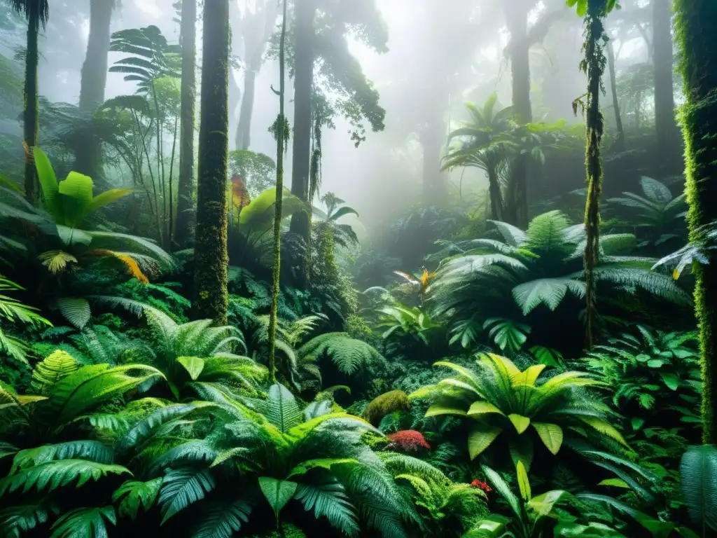 Imagen de un bosque exuberante y biodiverso, con una atmosfera mística y luz cálida