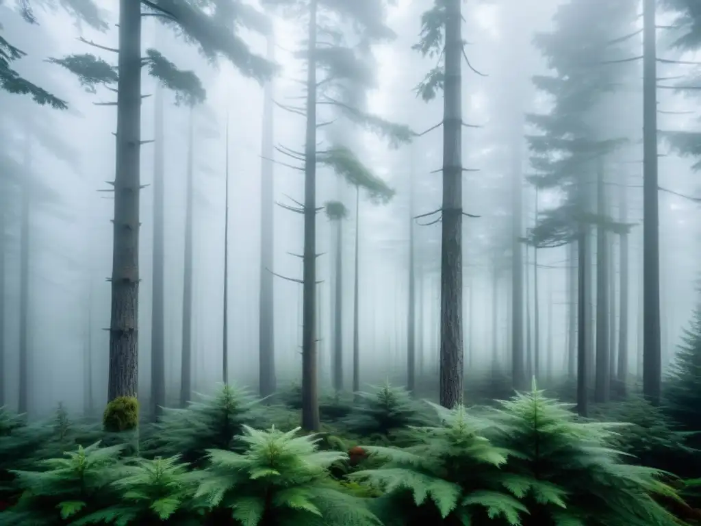 Imagen de un bosque neblinoso con árboles envueltos en niebla