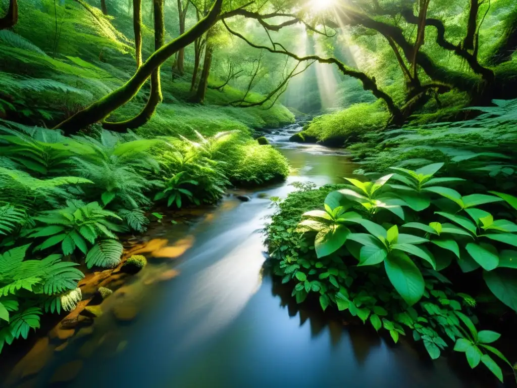 Imagen de un bosque sereno y verde con luz solar filtrándose a través del dosel, destacando la belleza tranquila de un ecosistema intacto