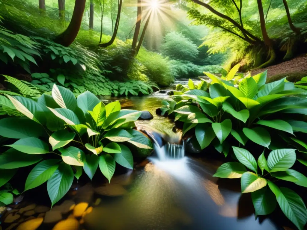 Imagen de un bosque tranquilo con luz solar filtrándose entre la densa vegetación y un arroyo