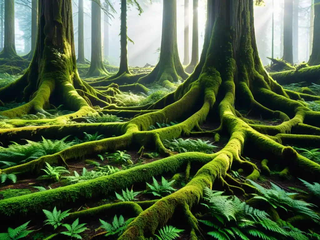 Imagen de bosques antiguos, con árboles cubiertos de musgo y helechos, creando un dosel verde exuberante que filtra la luz solar
