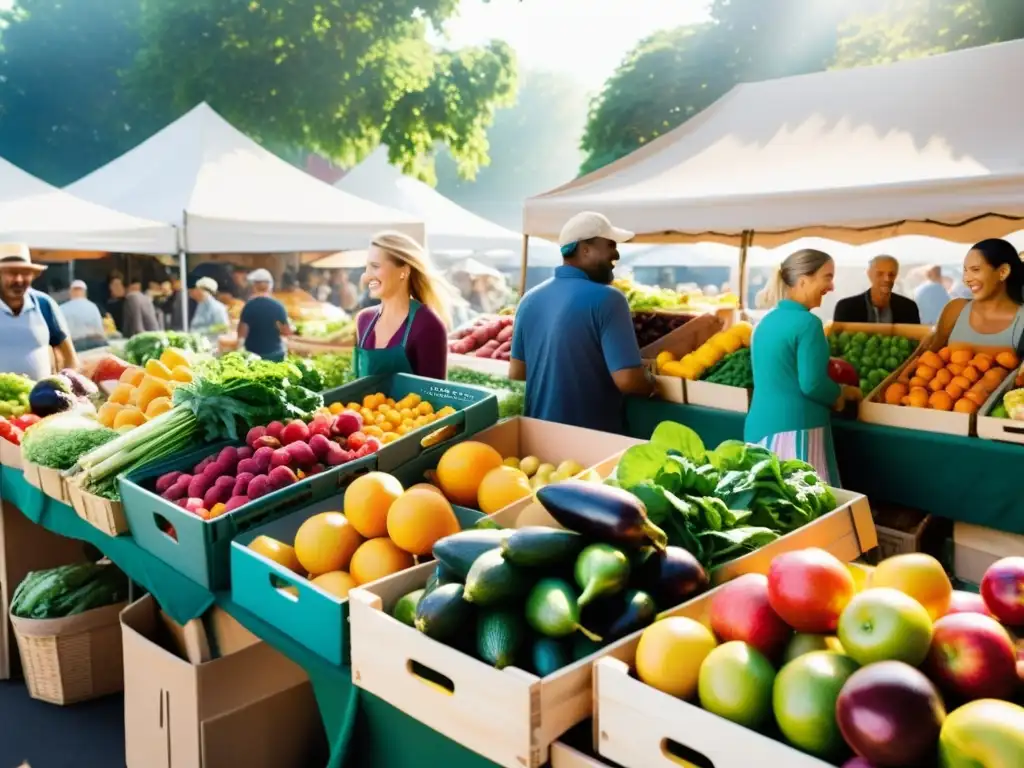 Una imagen de un bullicioso mercado de agricultores, lleno de productos orgánicos coloridos y agricultores sonrientes