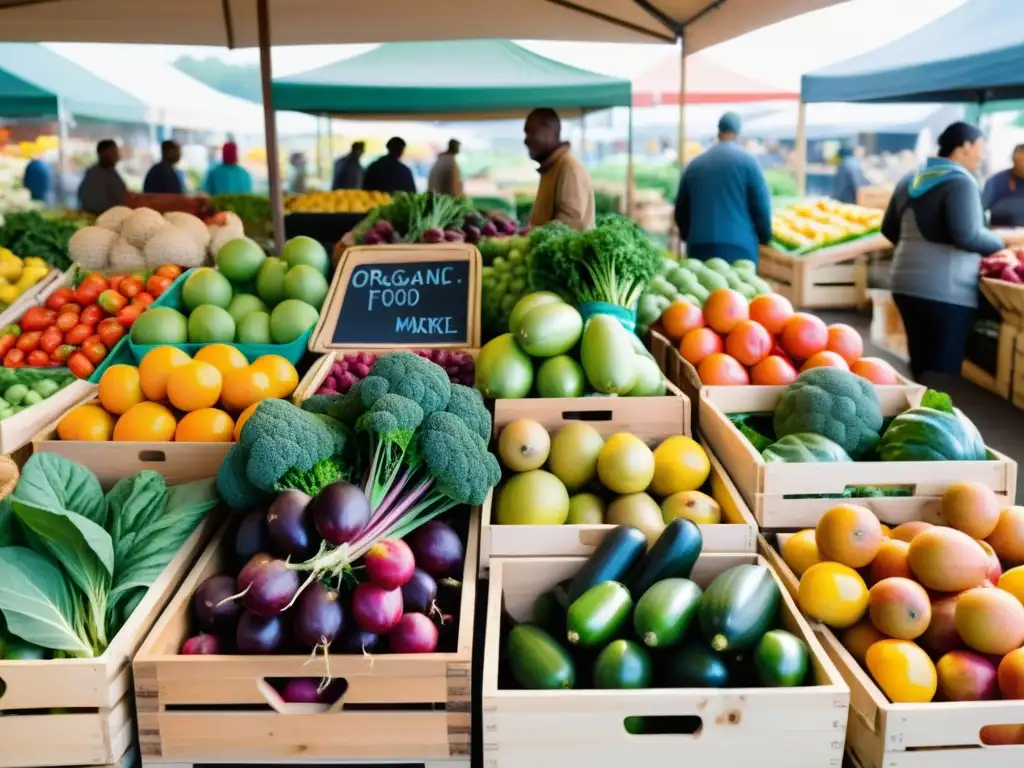 Imagen de un bullicioso mercado de alimentos orgánicos con frutas y verduras frescas en exhibición