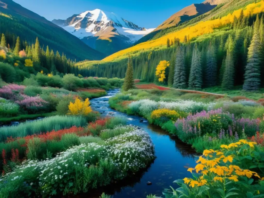 Transformación estacional: belleza natural en constante cambio Imagen de cambios estacionales en ecosistemas diversos, con flores silvestres, arroyo, árboles y montañas nevadas