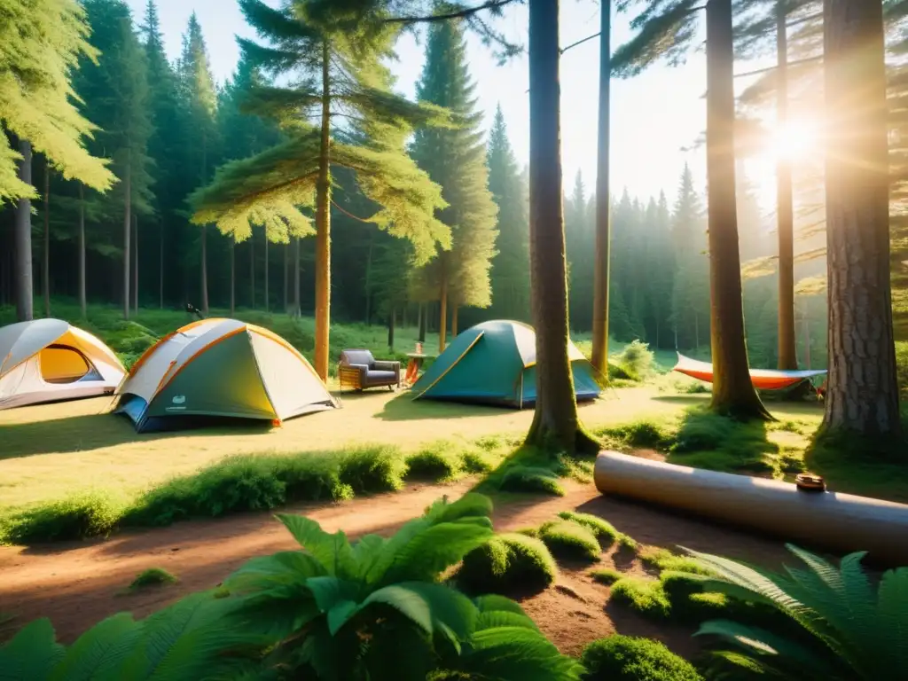 Imagen de un campamento ecológico sostenible en un bosque verde, con equipo de camping sostenible y actividades de bajo impacto