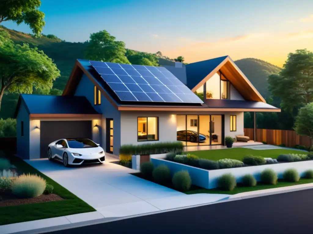 Imagen de una casa moderna y ecológica con paneles solares, turbina eólica y estación de carga para coche eléctrico