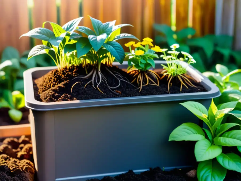 Imagen de un próspero jardín casero, con compostaje en casa desechos orgánicos, suelo fértil y vida vegetal exuberante bajo la cálida luz del sol