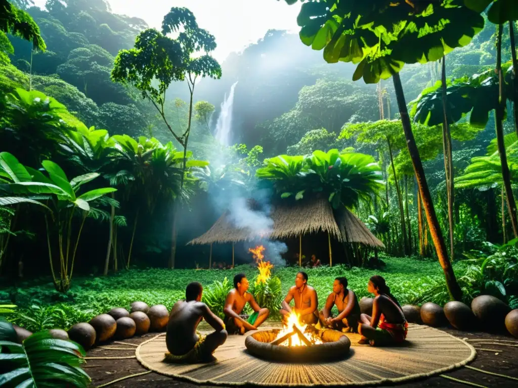 Imagen de convivencia armoniosa con tribus en Papúa: la exuberante selva, nativos y cascada majestuosa