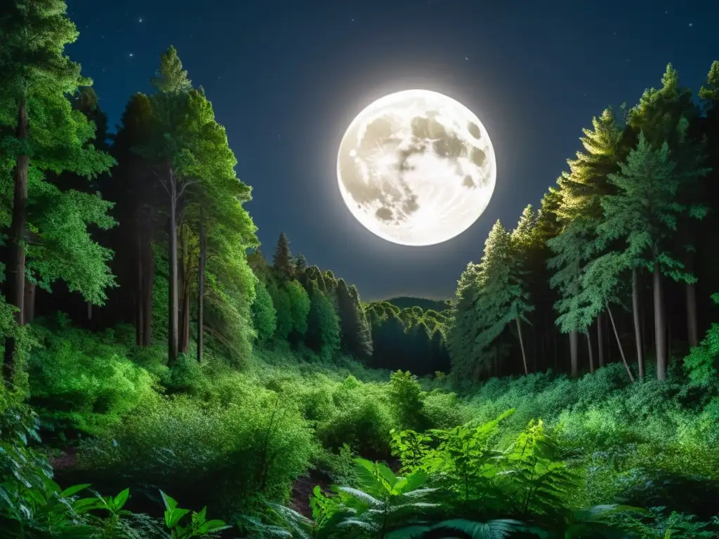 Bosque nocturno: misterio y biodiversidad Imagen de un denso bosque templado iluminado por la luna, transmitiendo tranquilidad y misterio