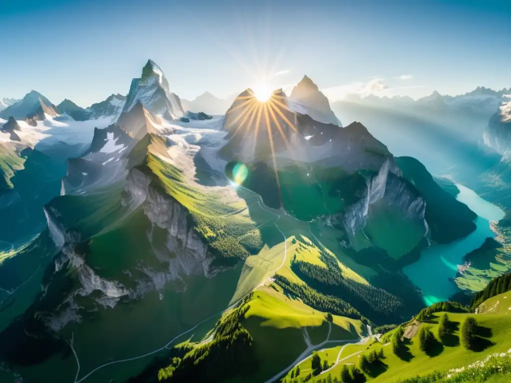 Imagen deslumbrante del amanecer sobre los Alpes suizos, mostrando la biodiversidad y la grandeza de la región