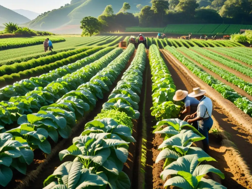 Una imagen detallada de agricultores trabajando en una granja orgánica, cuidando cultivos verdes bajo el sol