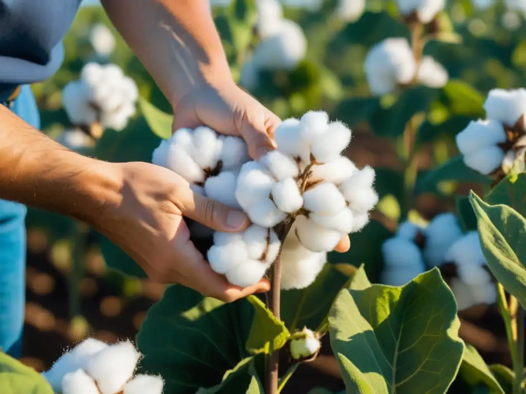 Imagen detallada de la recolección de algodón orgánico en un campo soleado, mostrando el proceso responsable detrás de la Ropa de cama ecológica para descanso responsable