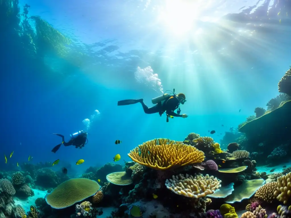 Imagen detallada de un arrecife de coral con vida marina vibrante y un buzo en silueta, resaltando la urgencia de actuar ante los puntos de no retorno cambio climático