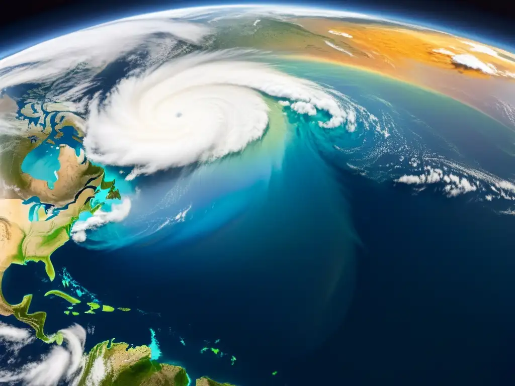 Imagen detallada de la atmósfera terrestre, con patrones climáticos, formaciones de nubes y corrientes oceánicas