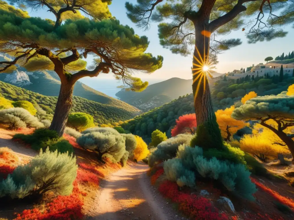 Imagen 8k detallada de un bosque mediterráneo en otoño, con hojas rojas y naranjas, luz cálida y diversidad de plantas