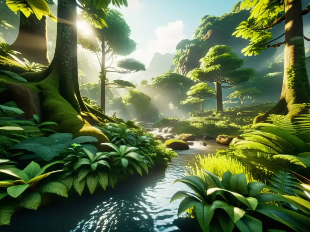 Imagen detallada de un bosque virtual en un videojuego educativo sobre ecología, con exuberante vegetación, vida silvestre diversa y elementos ambientales realistas como agua fluyente y luz solar entre los árboles