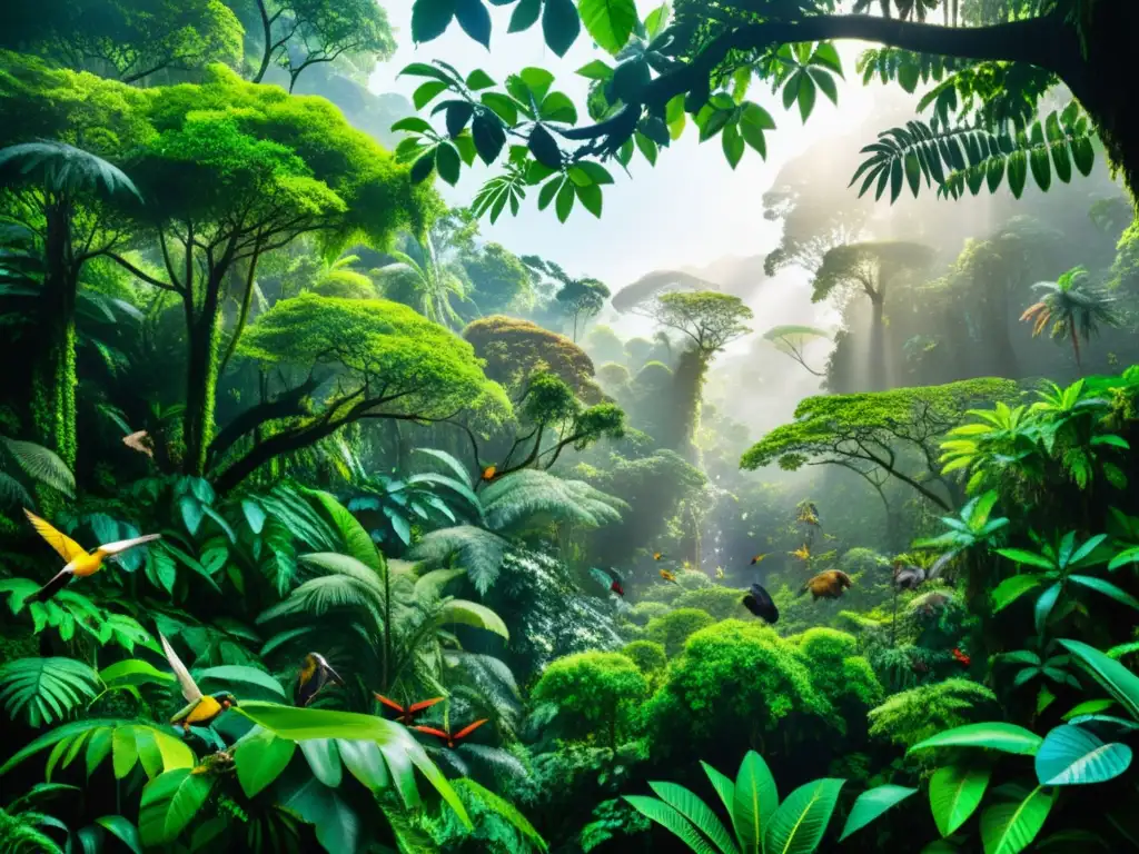 Imagen detallada de un bullicioso bosque tropical, repleto de vida y biodiversidad