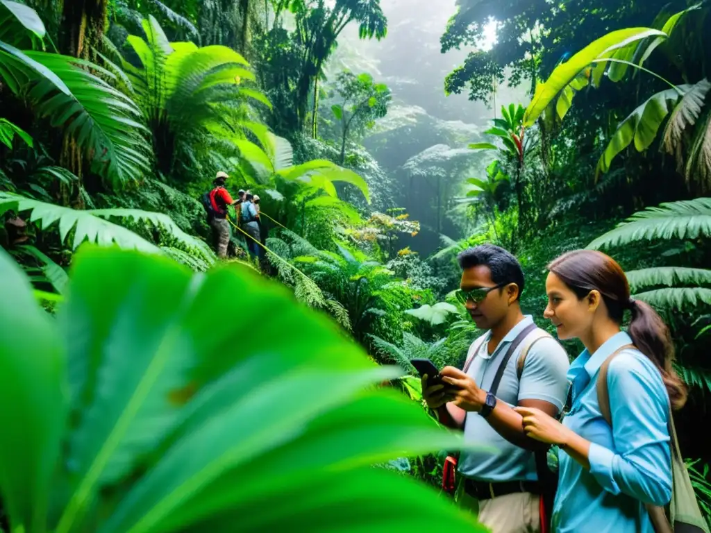 Imagen detallada de científicos ciudadanos usando tecnología móvil en ciencia ciudadana ecológica en la exuberante selva