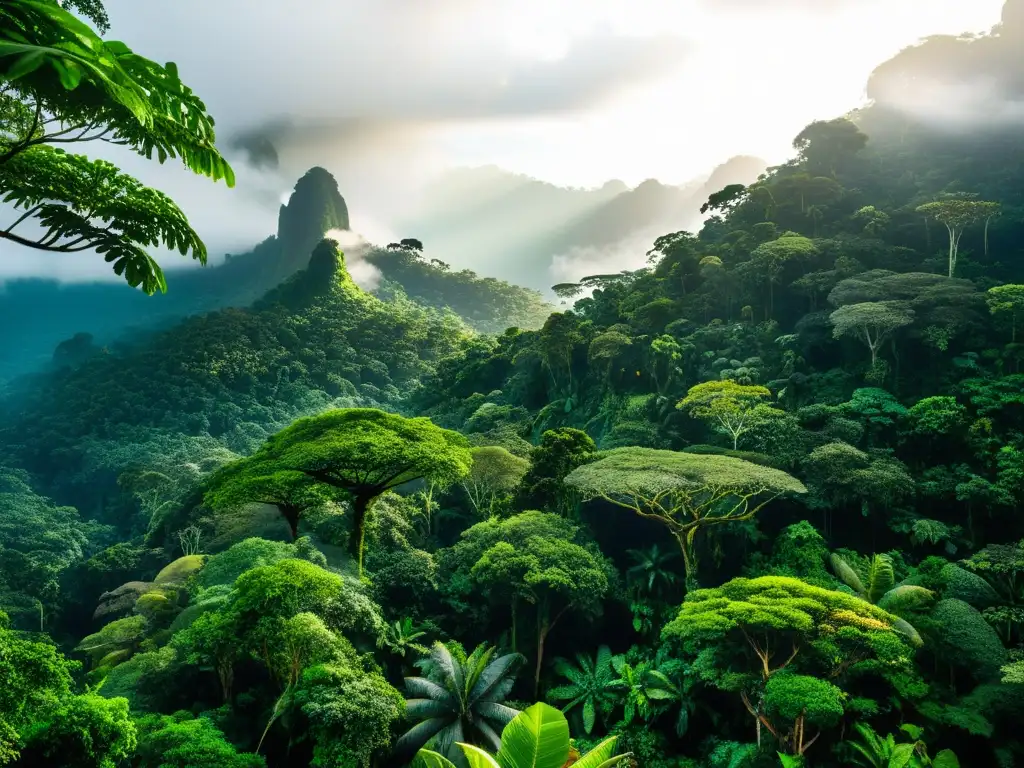 Imagen detallada de la convivencia vital entre especies en la selva amazónica, destacando la diversidad de vida y la exuberante vegetación