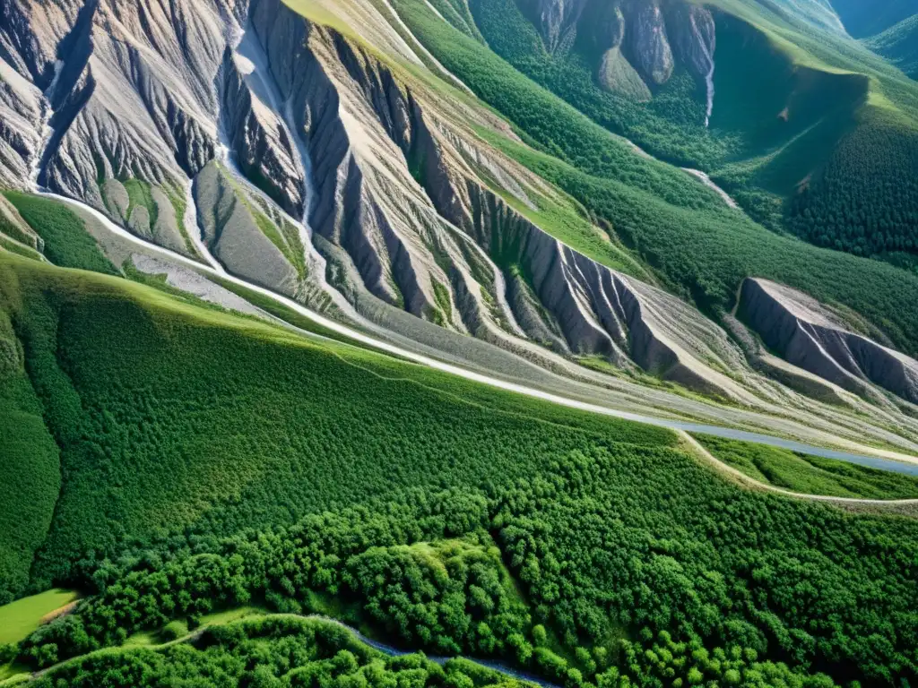 Imagen detallada de la dinámica tectónica y biodiversidad en las montañas, capturando la complejidad del paisaje montañoso