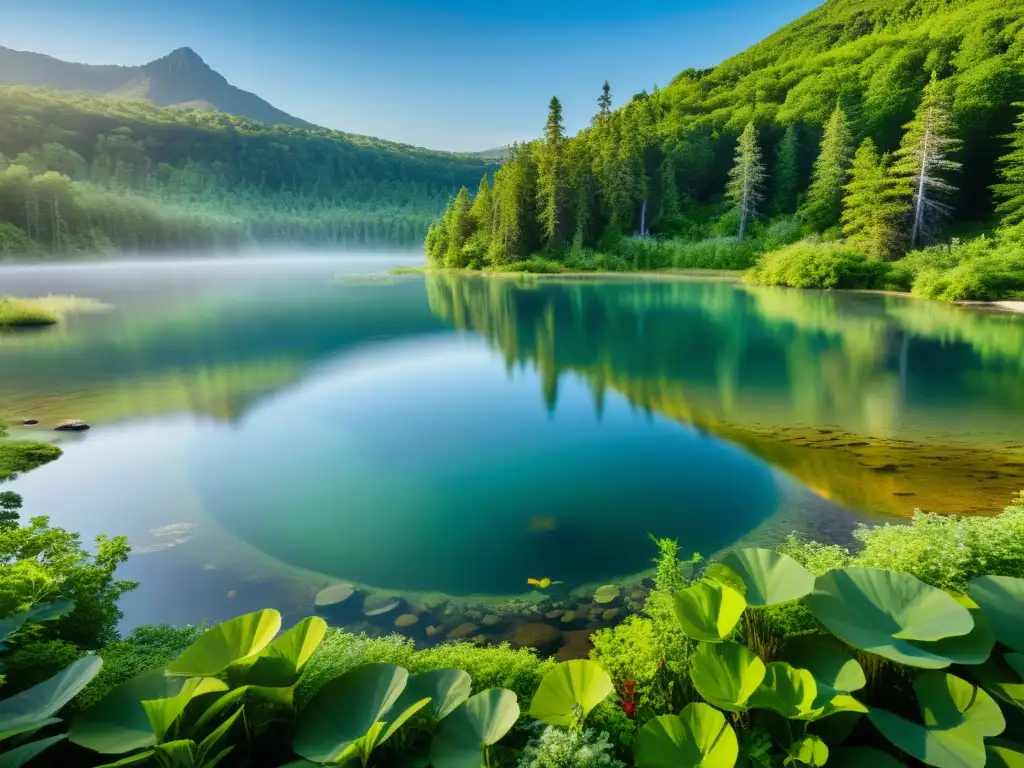 Imagen detallada de un ecosistema de agua dulce, con un lago sereno rodeado de exuberante vegetación y vida silvestre