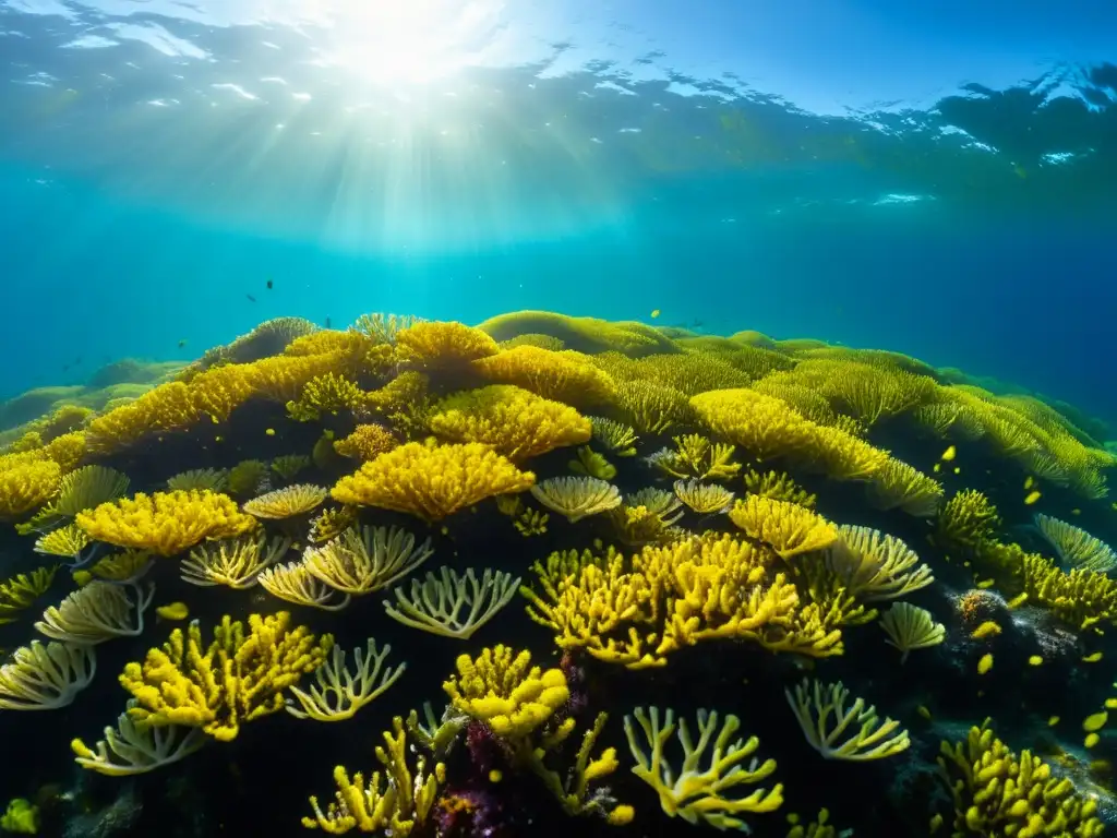 Imagen detallada del ecosistema flotante del Mar de Sargazo, con sargazo dorado y vida marina vibrante bajo el agua