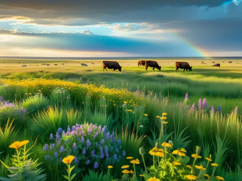 Imagen detallada de un ecosistema de pradera con vida vegetal vibrante, luz dorada filtrándose y animales pastando