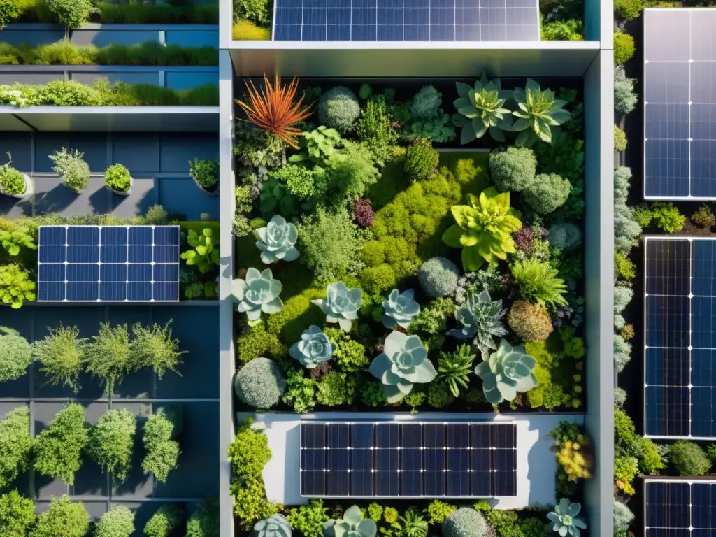 Imagen detallada de un edificio urbano moderno con un techo verde y paneles solares integrados