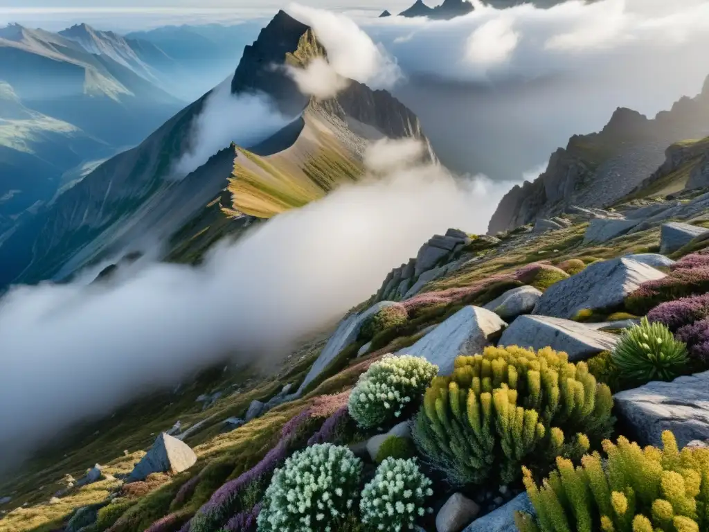 Imagen detallada de un empinado paisaje montañoso, con patrones climáticos y ecosistemas montañosos, envuelto en niebla y nubes