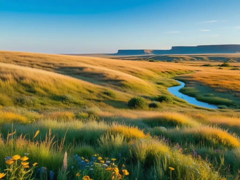 Imagen detallada de una extensa pradera dorada bajo un cielo azul, con flores silvestres y animales pastando