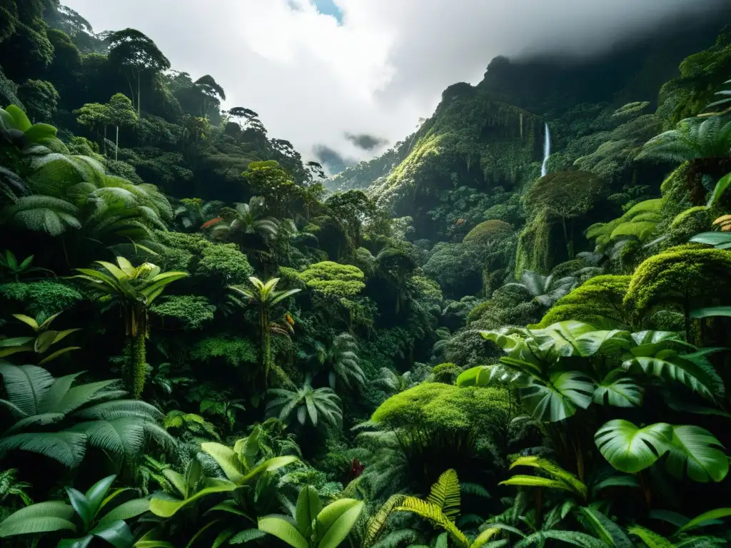 Imagen detallada de un exuberante bosque nublado, con diversa vegetación y vital papel en mitigación CO2 y biodiversidad