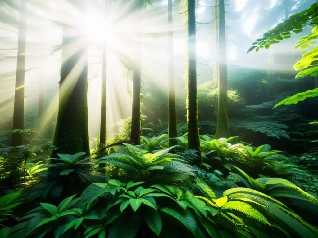 Imagen detallada de un exuberante bosque verde con luz solar filtrándose a través del dosel, mostrando la diversa biodiversidad