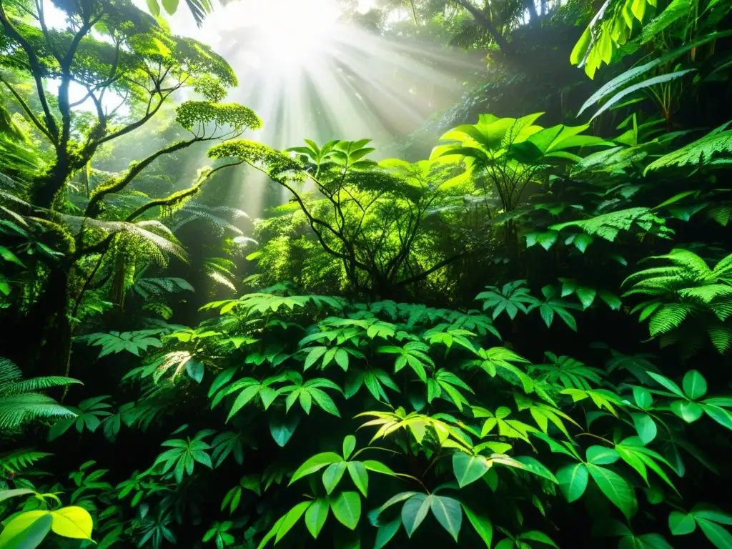 Imagen detallada de un exuberante bosque lluvioso, con luz solar filtrándose entre el denso dosel, resaltando la exuberante vegetación