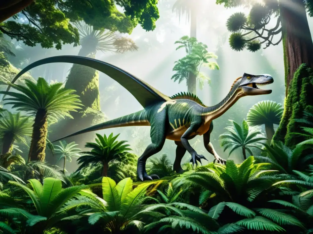 Imagen detallada de un exuberante bosque prehistórico con dinosaurios y pterosaurios, estrategias de adaptación fauna flora