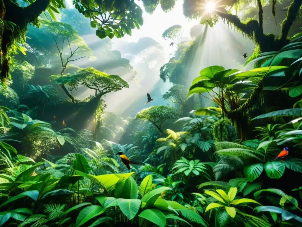 Imagen detallada de un exuberante ecosistema de selva tropical, con diversa vida vegetal y animal