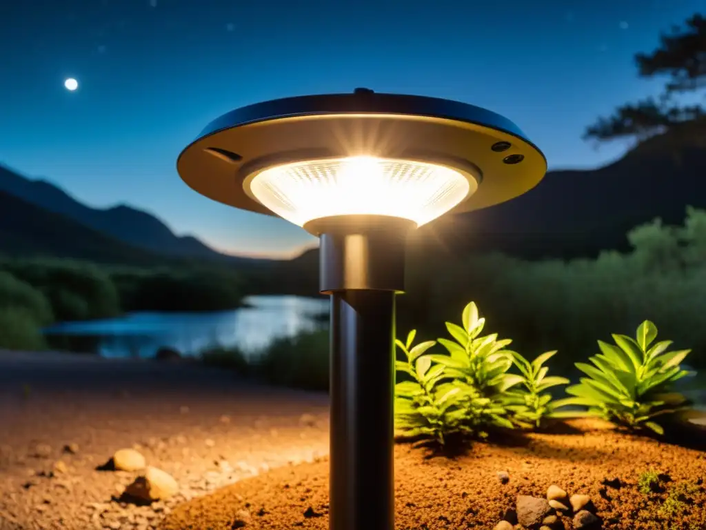 Una imagen detallada de una farola LED alimentada por energía solar iluminando un campamento remoto en un denso ecosistema nocturno