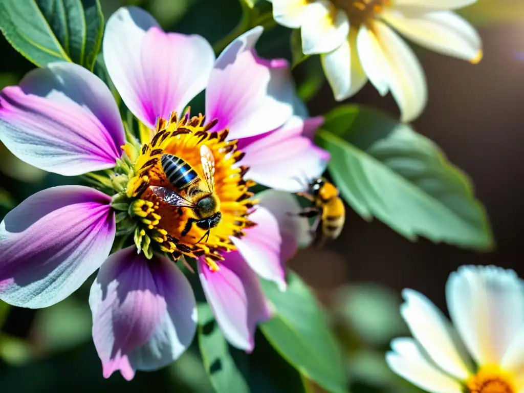 Una imagen detallada de una flor vibrante siendo polinizada por una abeja, resaltando la importancia del impacto del cambio climático en polinizadores