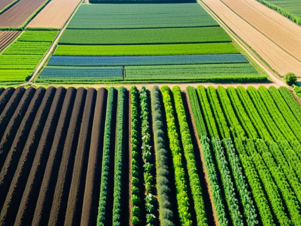 Imagen detallada de una granja orgánica en escala pequeña, con cultivos verdes vibrantes bajo un cielo azul claro