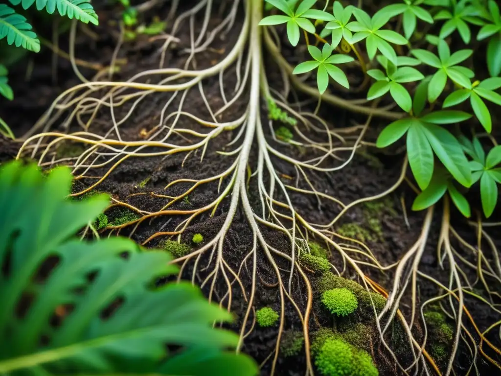 Una imagen detallada de hongos micorrícicos rodeando las raíces de una exuberante planta en el suelo de la selva