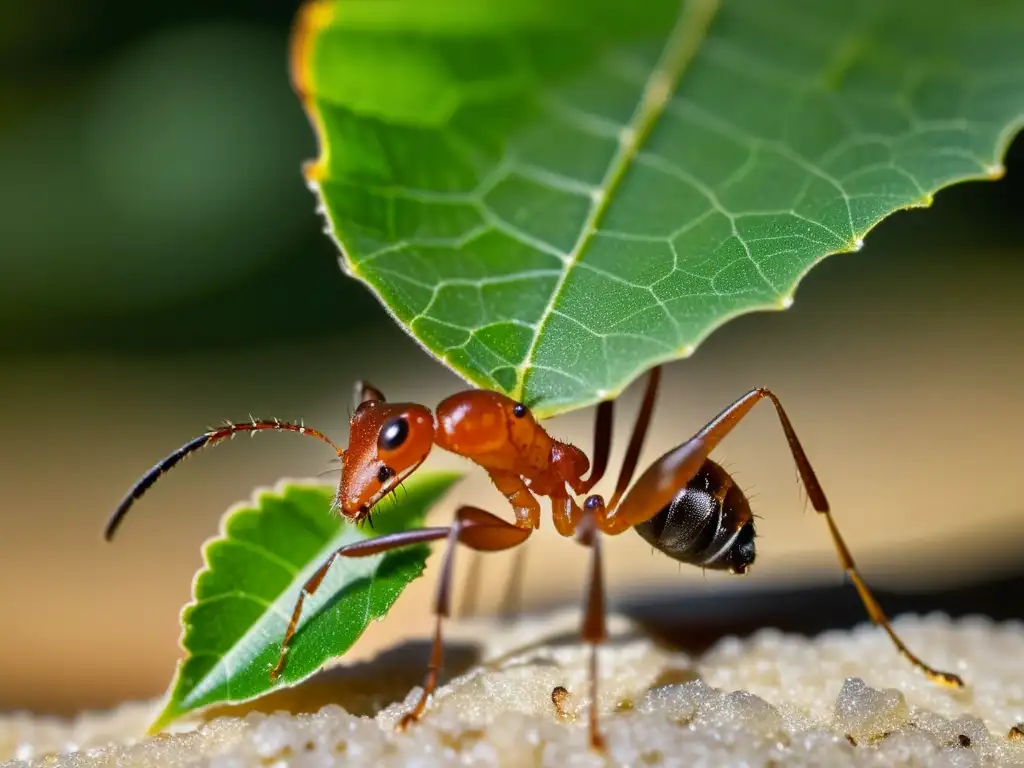 Imagen detallada de una hormiga cortadora de hojas transportando una hoja verde, rodeada de ácaros, iluminada por el cálido sol del dosel