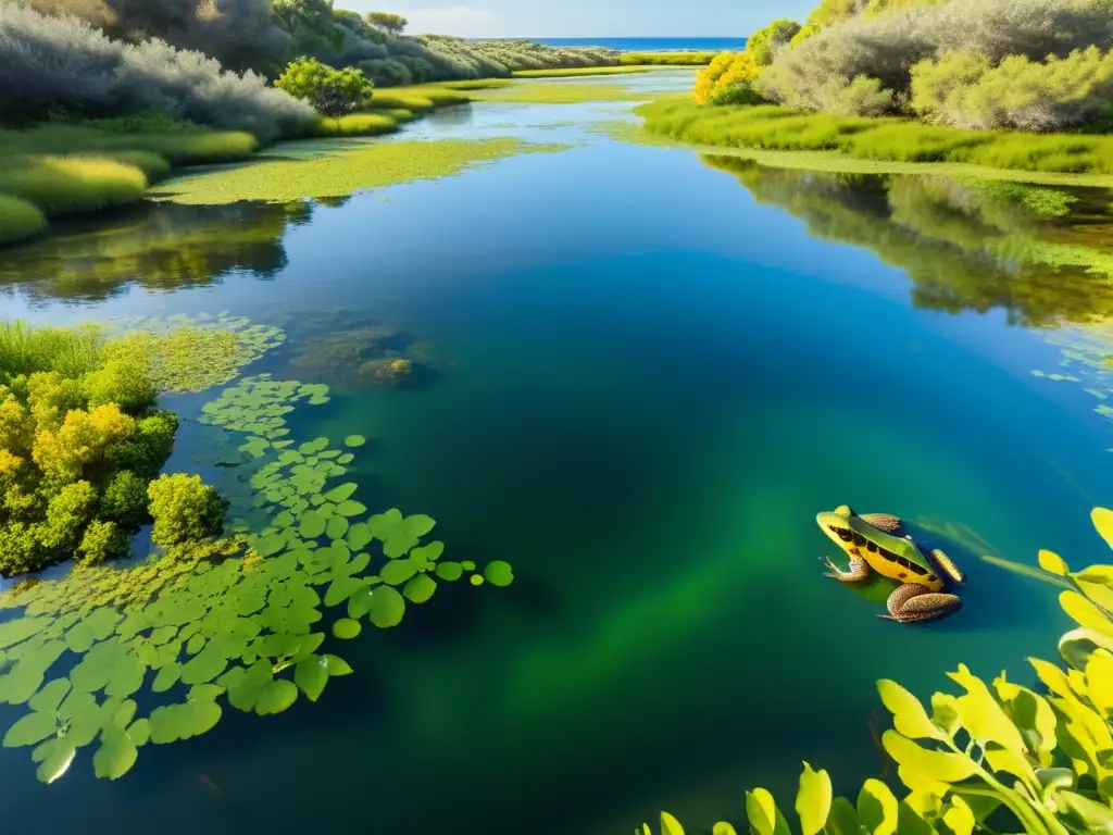 Imagen detallada de humedal costero mediterráneo con especies anfibias, exuberante vegetación y agua reluciente