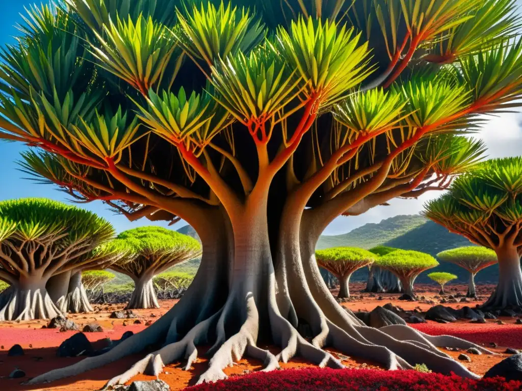 Una imagen detallada de los icónicos árboles de Sangre de Dragón en Socotra, con su resina roja característica y sus formas de vida extrañas