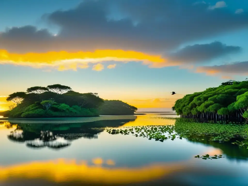 Imagen detallada de una laguna costera al amanecer, con una suave luz dorada sobre el agua tranquila, rodeada de manglares verdes