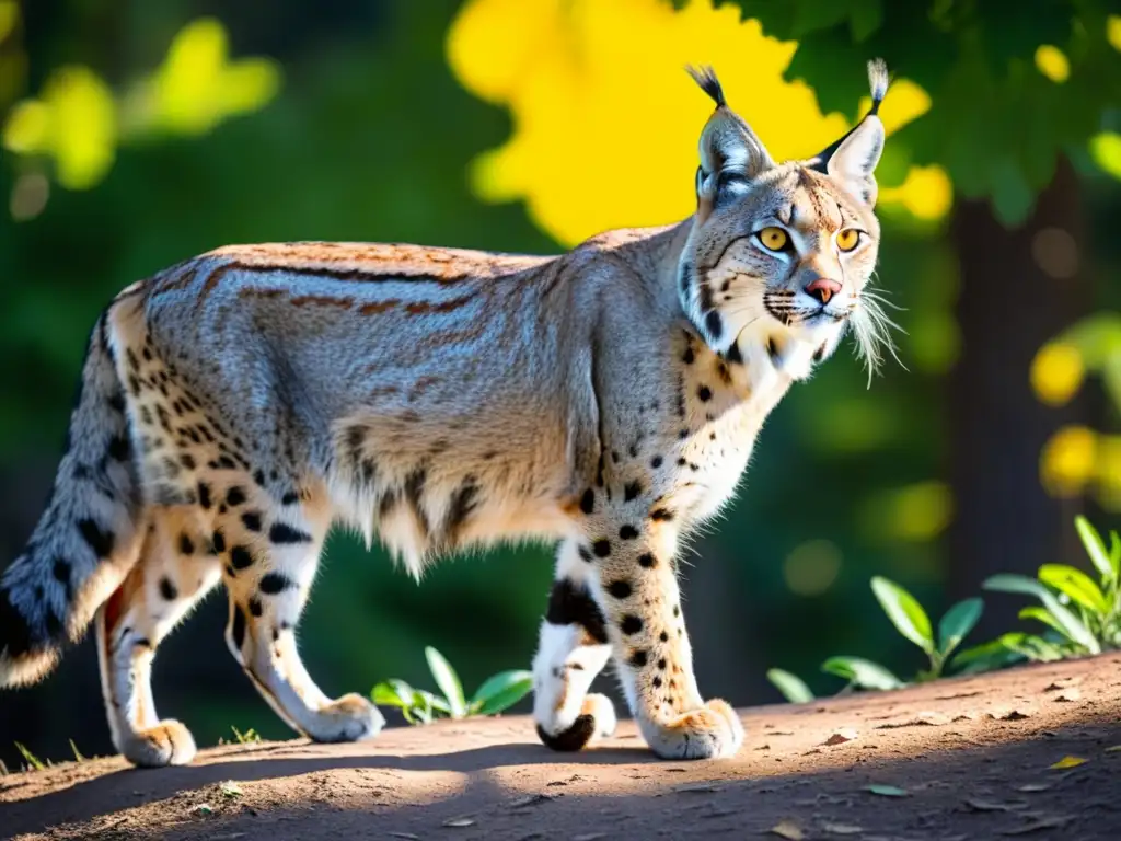 Imagen detallada de un majestuoso lince ibérico en un bosque iluminado por el sol, transmitiendo determinación