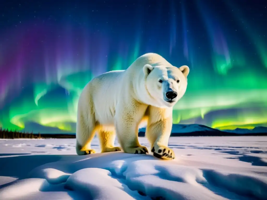 Imagen detallada del majestuoso oso polar explorando el gélido paisaje ártico bajo la aurora boreal